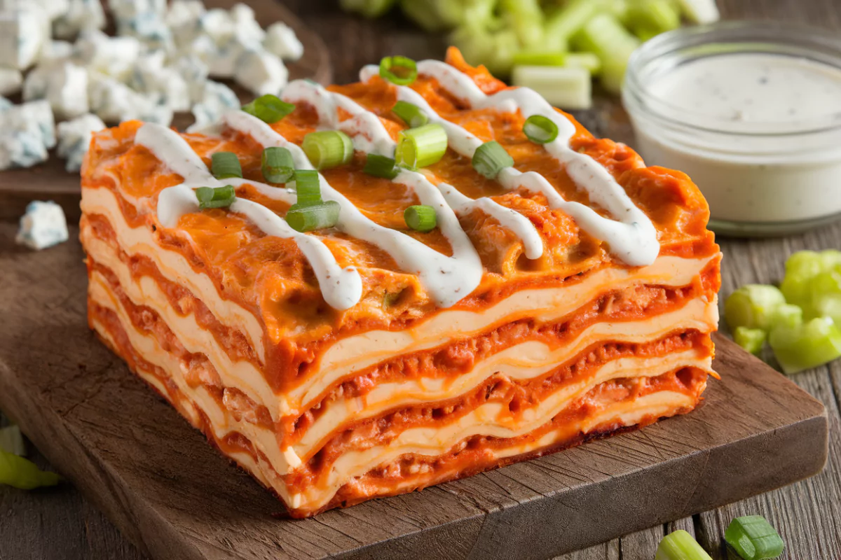 Cheesy Buffalo Chicken Lasagna with Ranch Drizzle