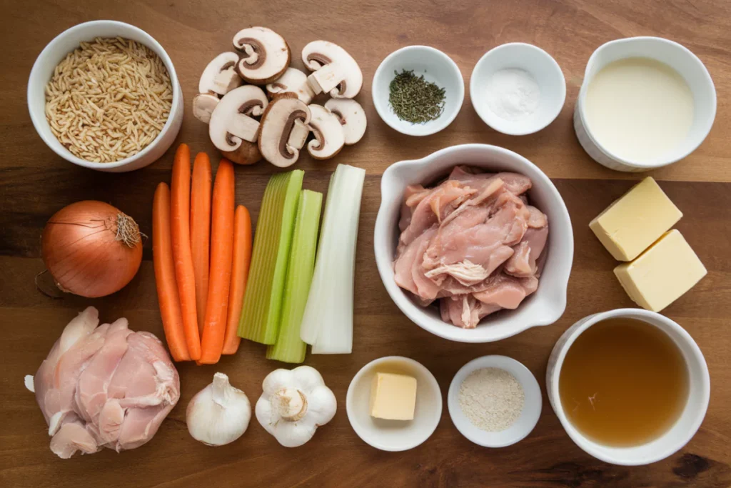 Ingredients for Creamy Mushroom Chicken and Wild Rice Soup